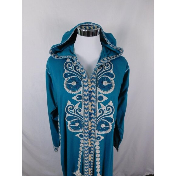 Moroccan Djellaba Robe Womens One Size Teal Hooded Embroidered Beaded Kaftan - Picture 2 of 12